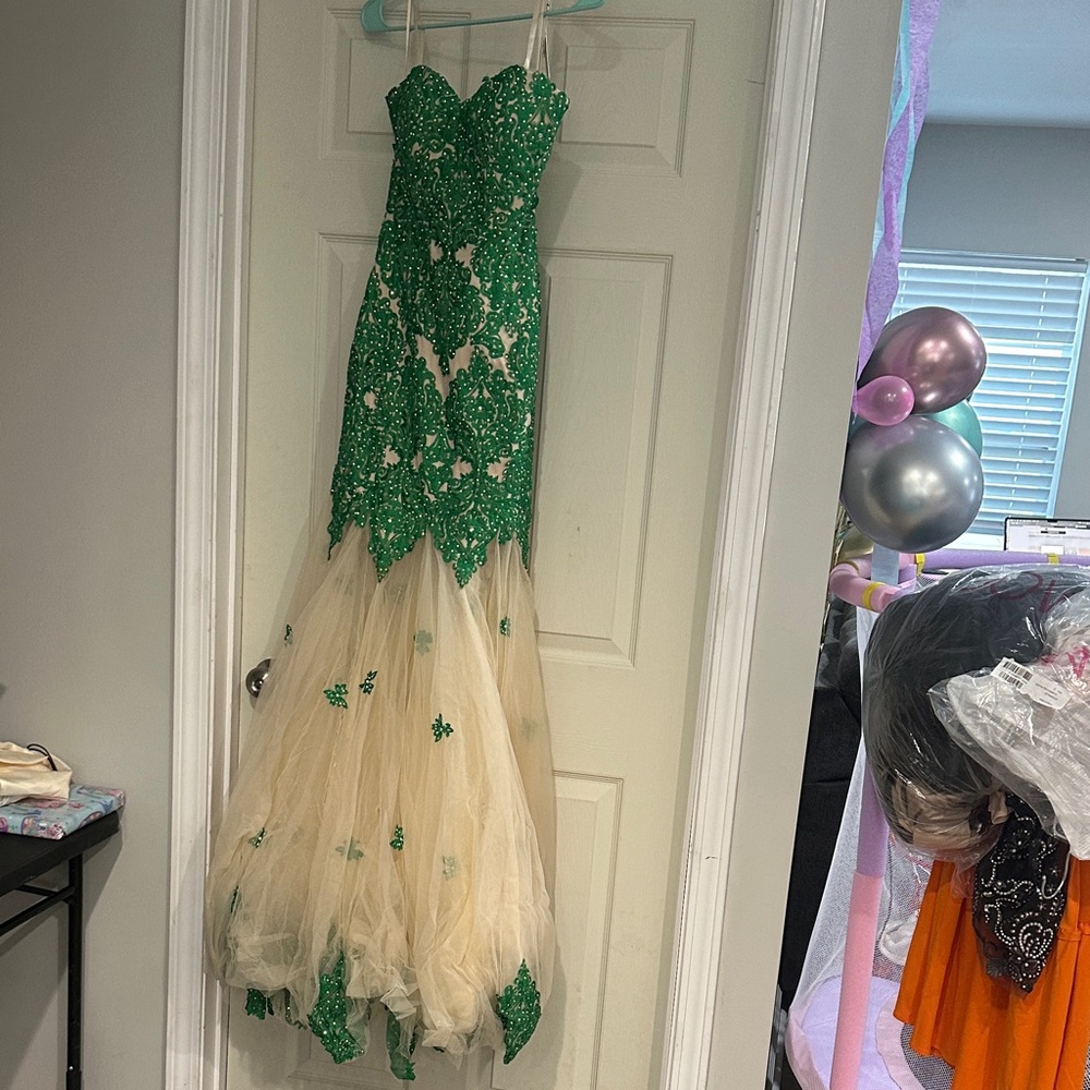 Green and Cream Strapless Gown